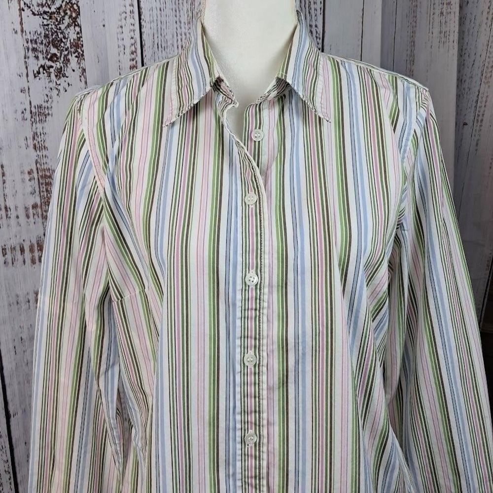 Vintage Y2K J CREW Womens‎ L Green Striped Button-Up Shirt Cotton Classic Preppy